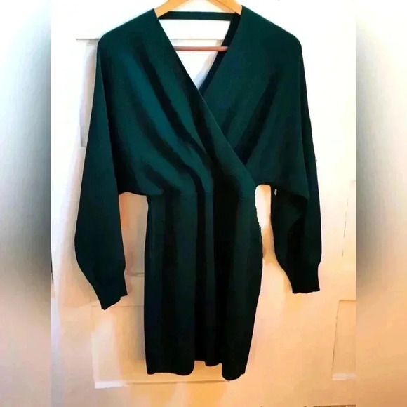 Dark Green Mini Sweater Knit Wrap Dress | Size Medium - Picture 3 of 7